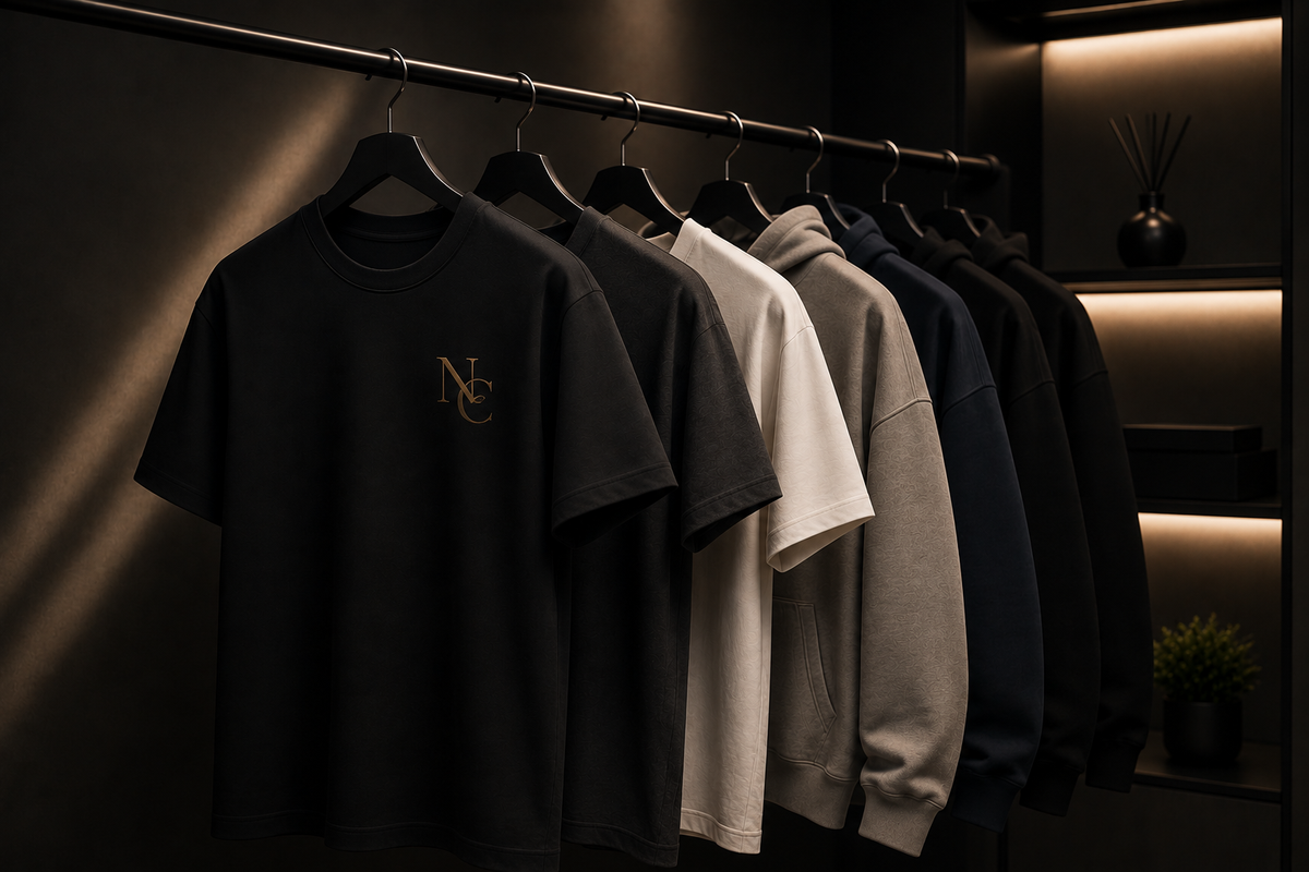 A row of hanging apparel on a rack in a dim retail or studio setting. The front item is a black short-sleeve T-shirt with a small gold 'NC' monogram on the chest, followed by white, light gray, navy, and black garments.